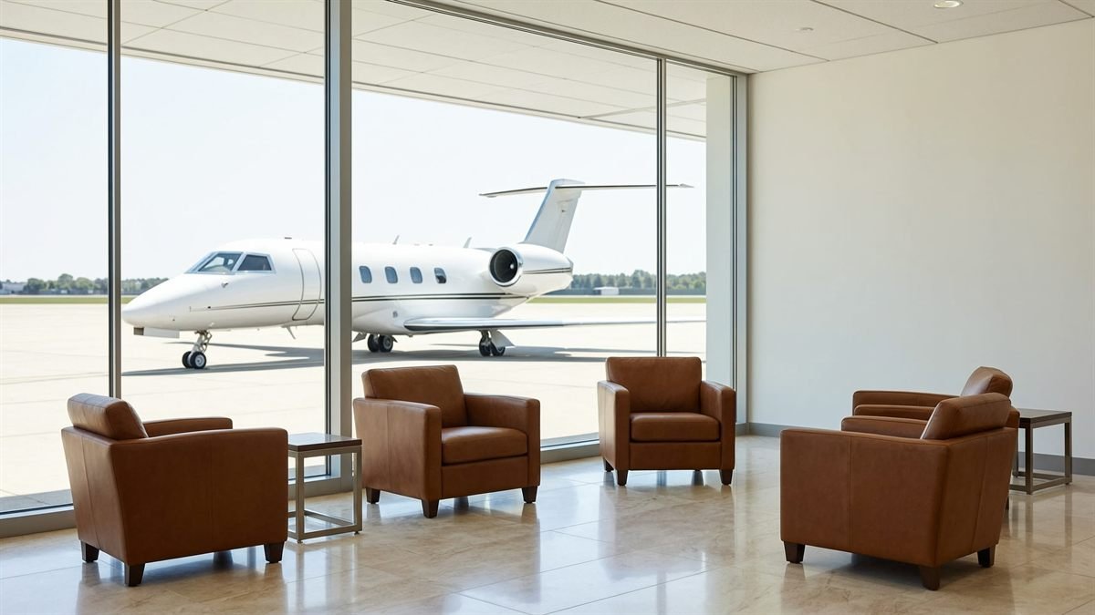 Private jet outside a terminal lounge